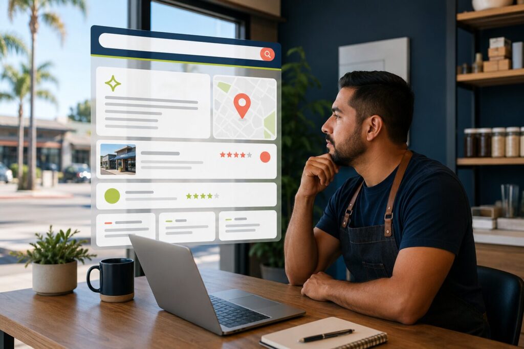 Local business owner reviewing AI search results, map listings, reviews and cited website sources