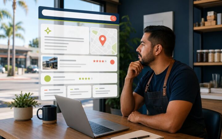 Local business owner reviewing AI search results, map listings, reviews and cited website sources