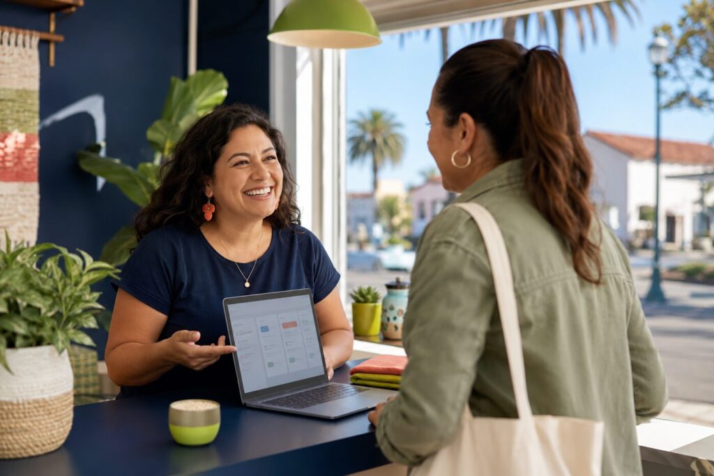 Chula Vista business owner using AI while speaking personally with a local customer