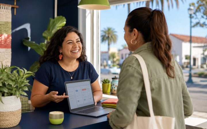 Chula Vista business owner using AI while speaking personally with a local customer