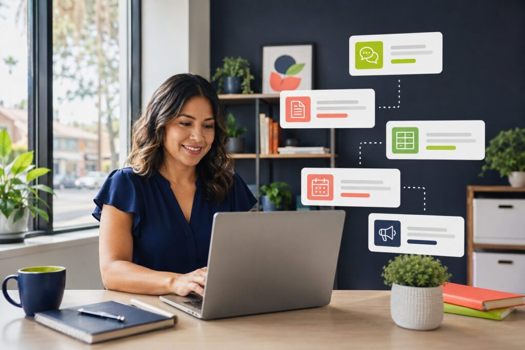 Small business owner using AI tools for customer service, documents, spreadsheets, scheduling and marketing