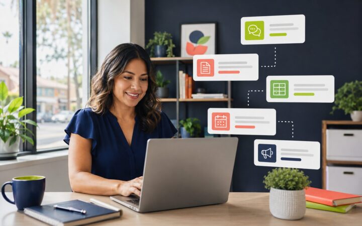 Small business owner using AI tools for customer service, documents, spreadsheets, scheduling and marketing