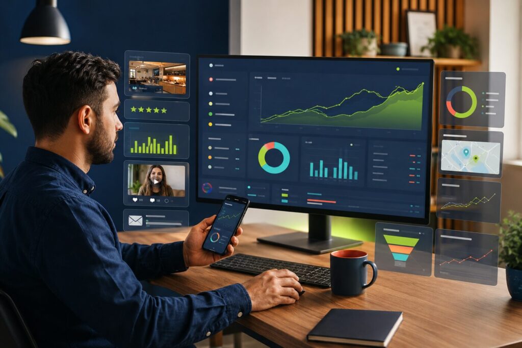 Local marketing professional reviewing analytics, reviews, video, email and conversion dashboards
