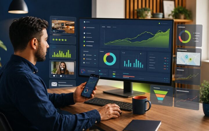 Local marketing professional reviewing analytics, reviews, video, email and conversion dashboards
