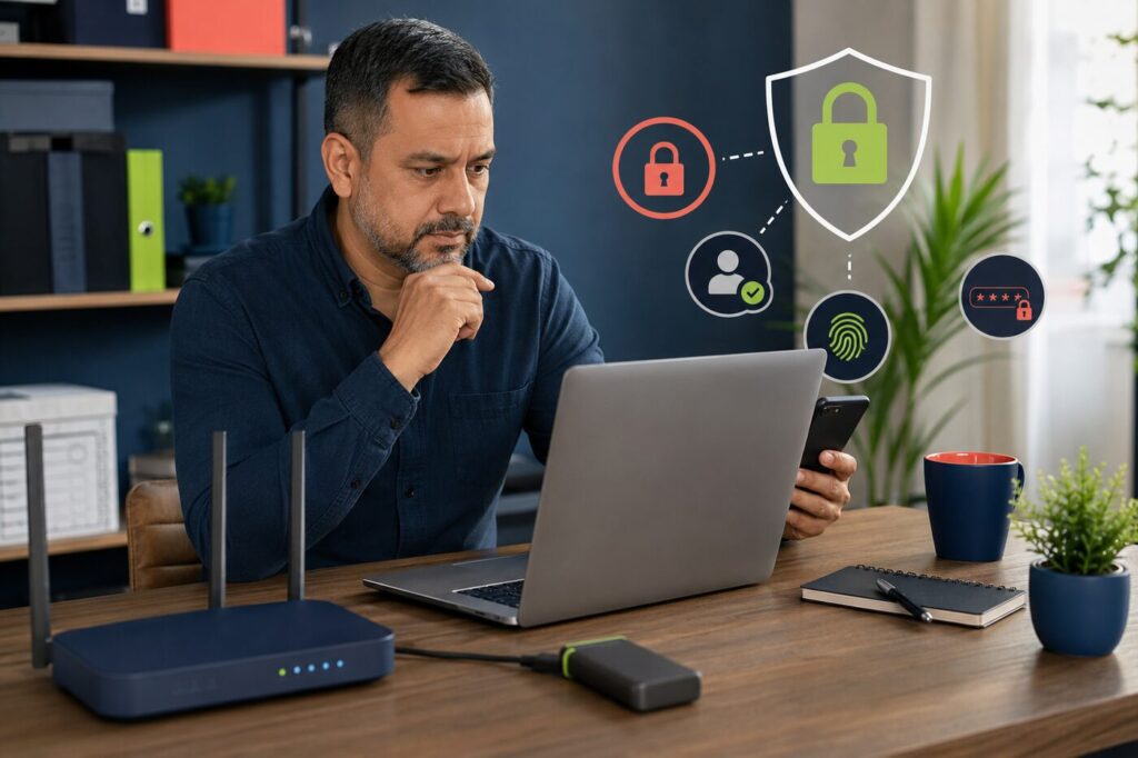 Small business owner protecting a laptop, phone, Wi-Fi router and backup drive with cybersecurity controls
