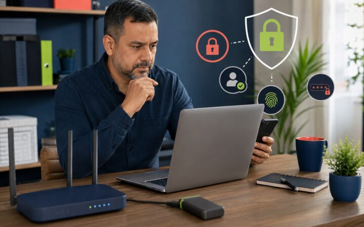 Small business owner protecting a laptop, phone, Wi-Fi router and backup drive with cybersecurity controls