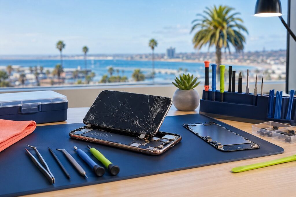 Technician repairing a cracked smartphone in Chula Vista, California