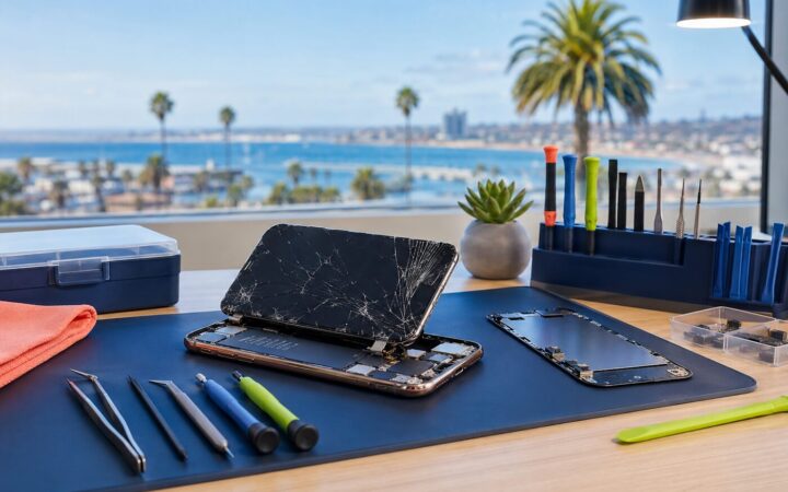 Technician repairing a cracked smartphone in Chula Vista, California